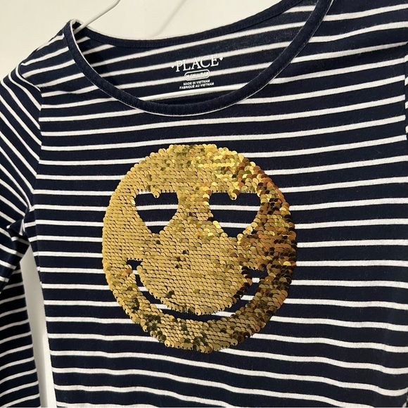 Girls Flip Sequin Dress Smiley Face Blue White Stripe The Childrens Place 7/8 M - Picture 10 of 11
